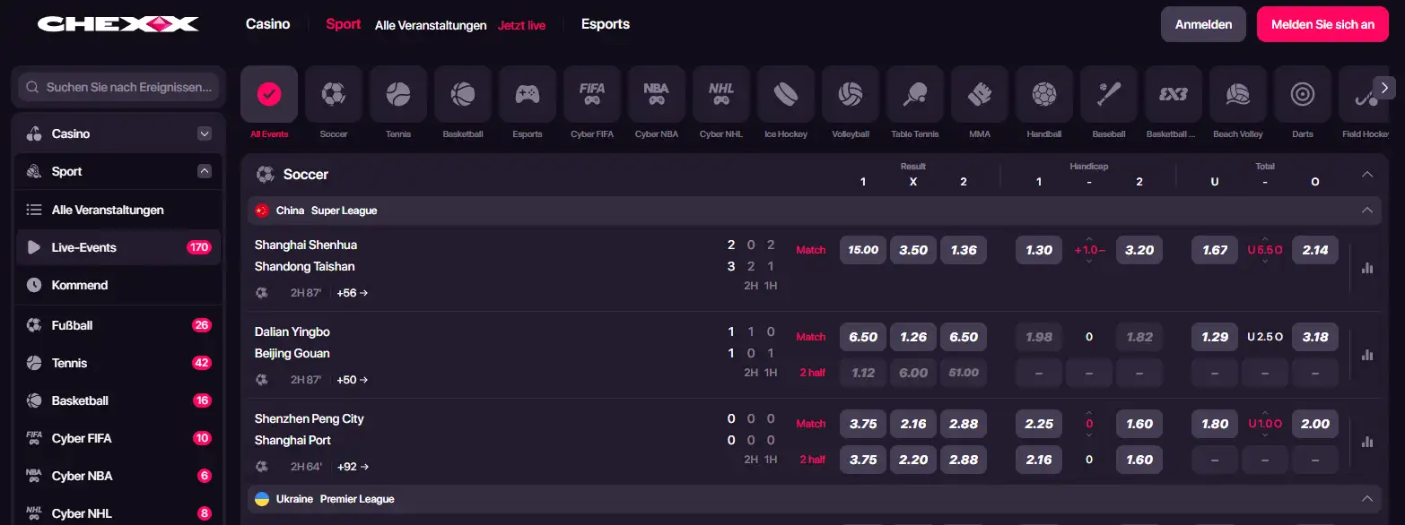 CHEXX Sportsbook mit Sportwetten und Esports