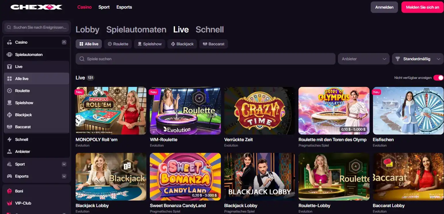 CHEXX-Homepage-Oberfläche mit der Präsentation von Casino und Sportwetten