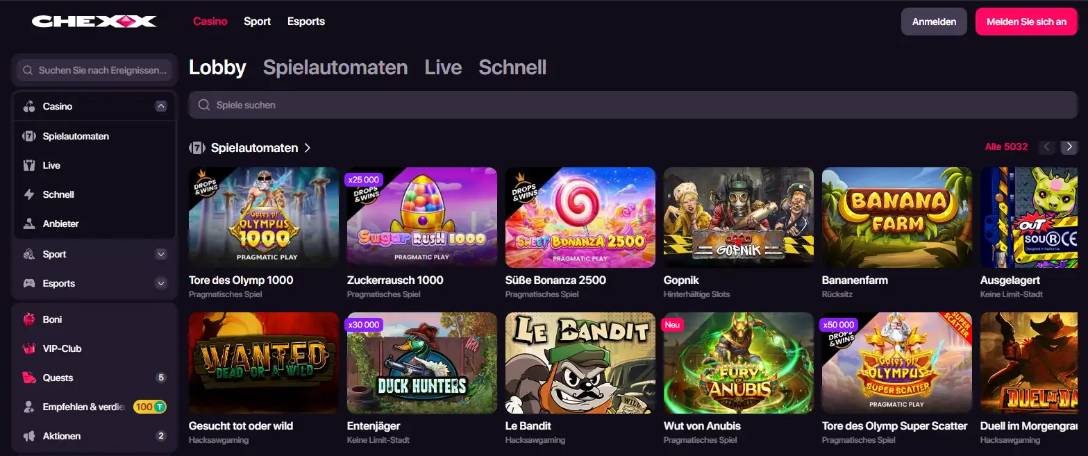 CHEXX Spiele mit Slots, Live Casino und Fast Games